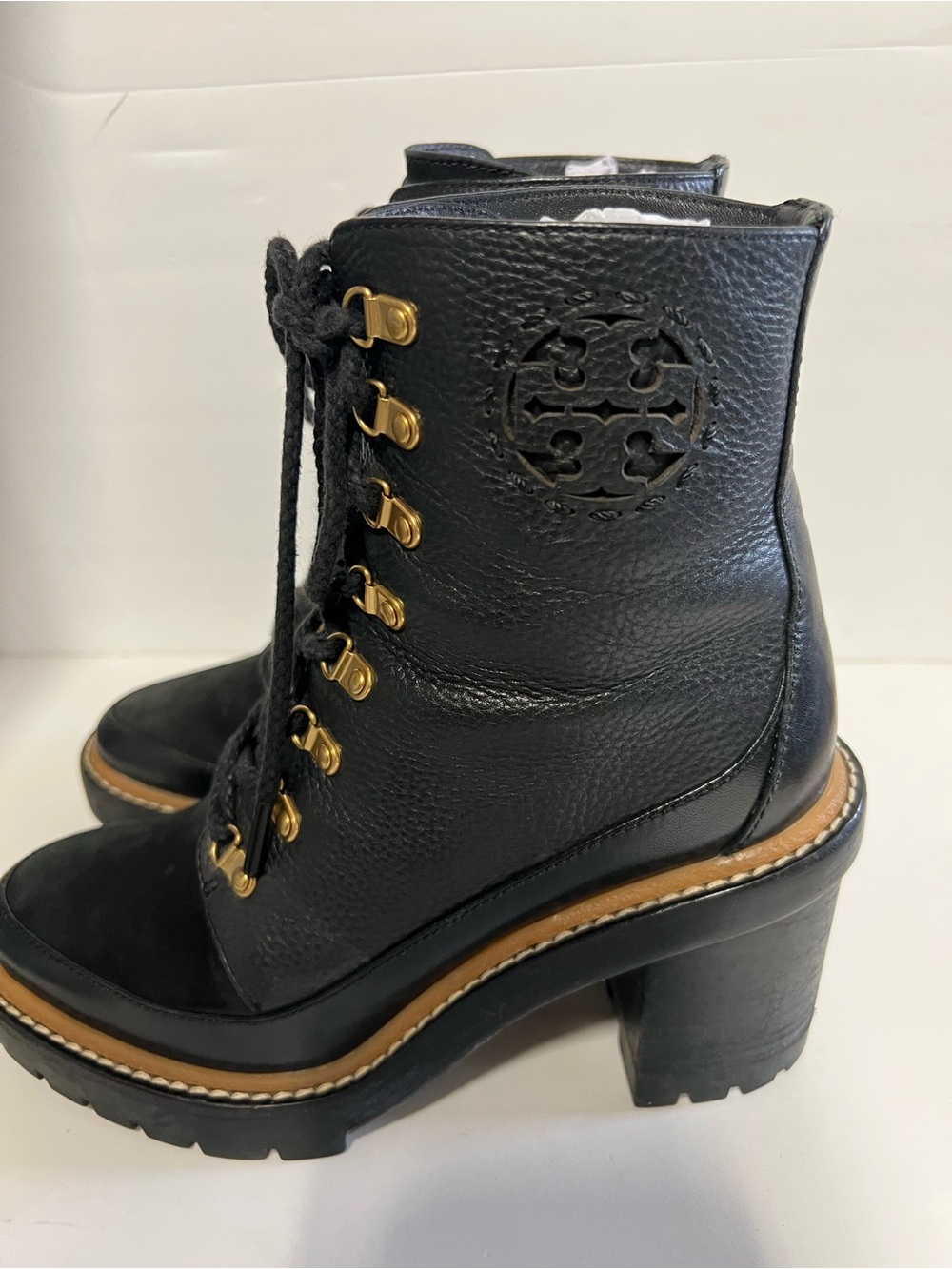 Tory Burch Black Leather Lace-Up Boots